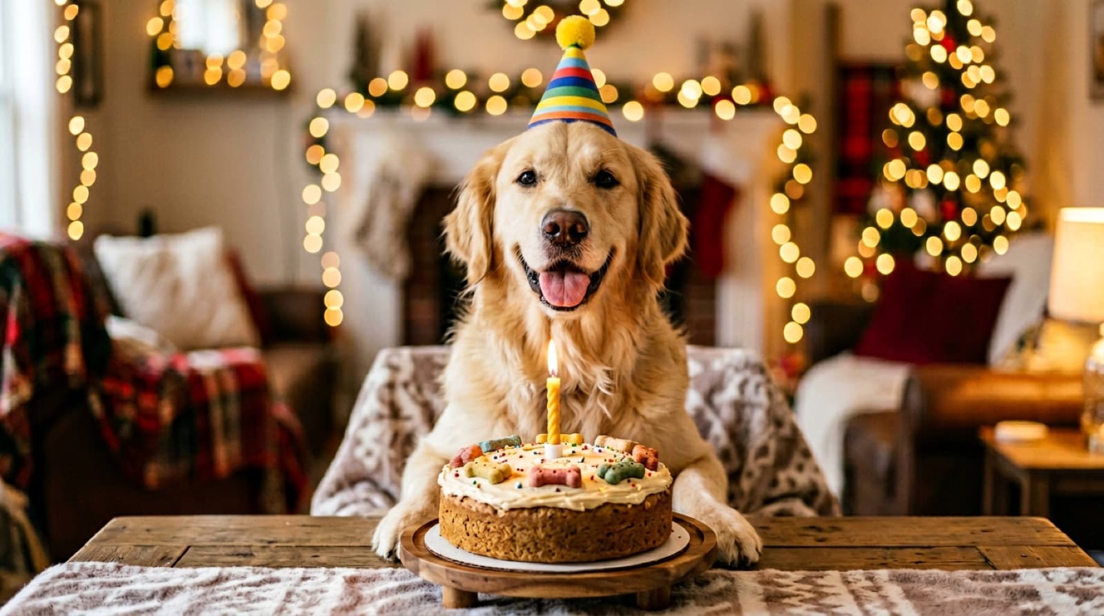 A happy dog in a party hat behind a birthday cake