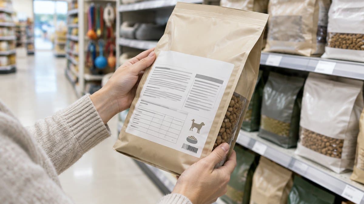 Hands turning a bag of dog food to read the label panel in a pet food aisle