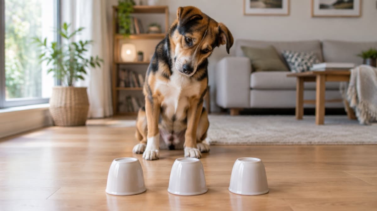 A dog studying three upturned cups on the floor, the classic at-home intelligence task