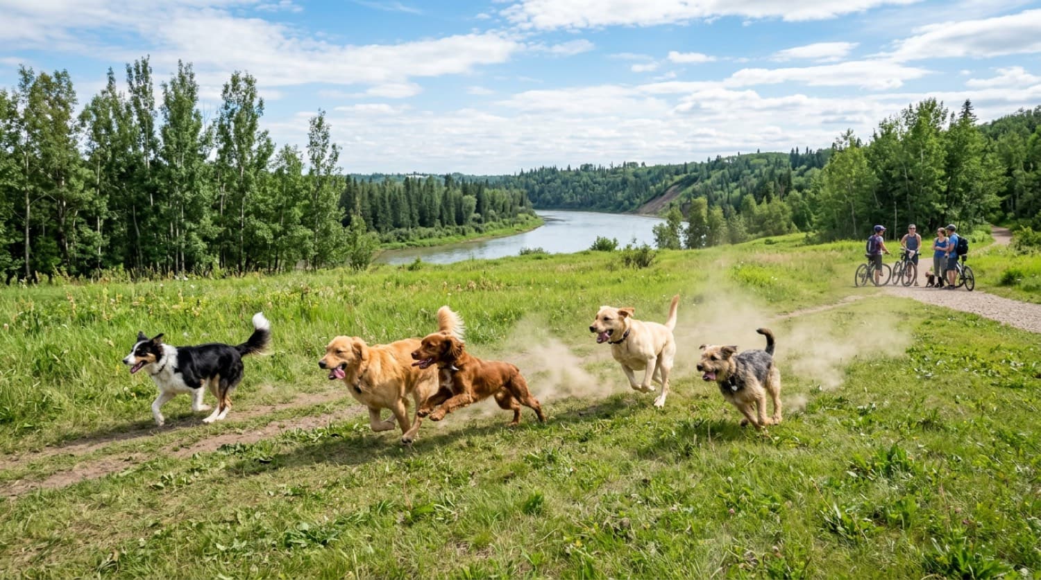 Dogs running and playing together in an Edmonton off-leash park in the river valley