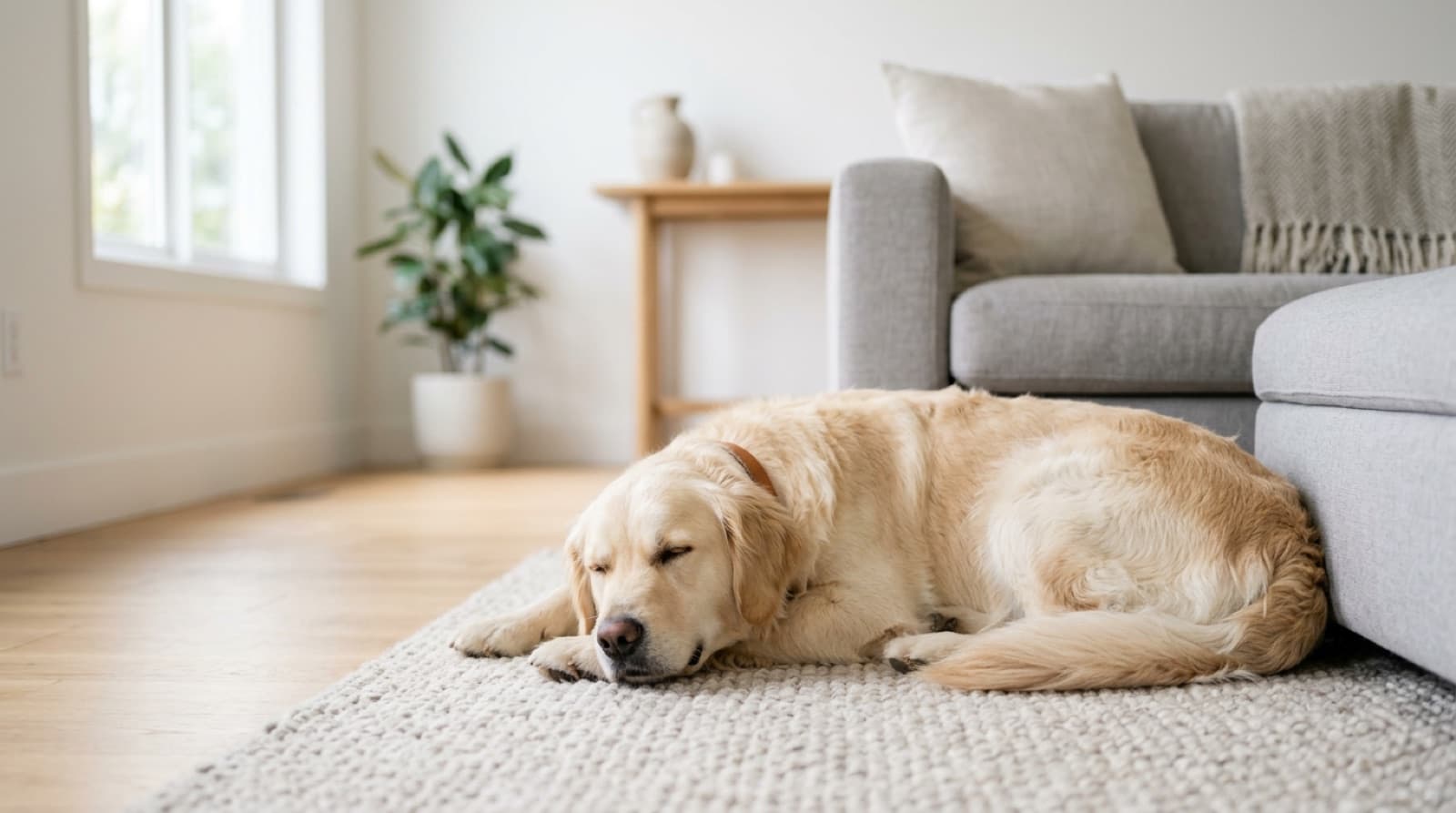 A dog resting calmly in a bright, tidy, dog-proofed living room with no hazards in reach
