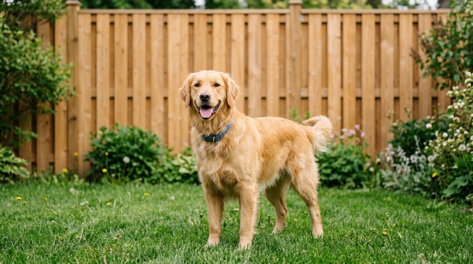 A dog in a securely fenced backyard, a solid fence with no gaps behind it
