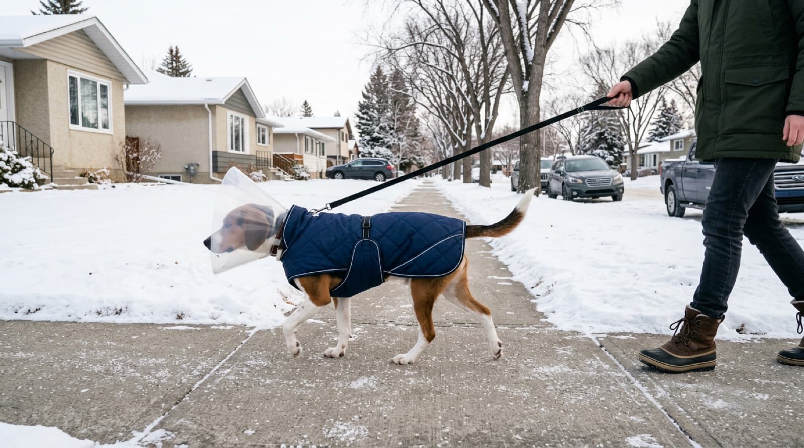 Recently spayed Edmonton dog wearing a recovery cone and a back-only winter coat on a short bathroom walk