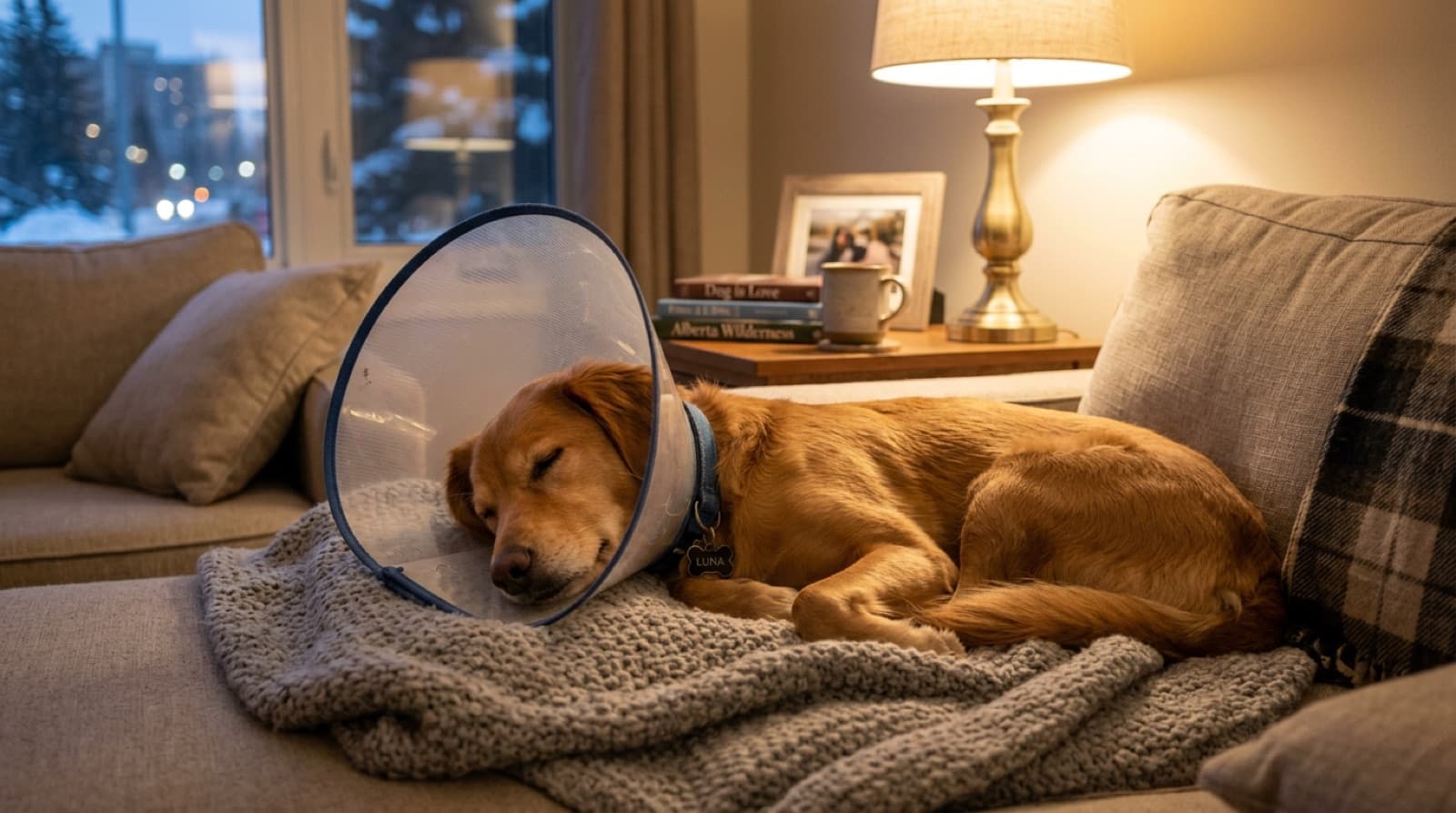 Edmonton rescue dog resting on a soft bed while wearing a recovery cone after spay surgery