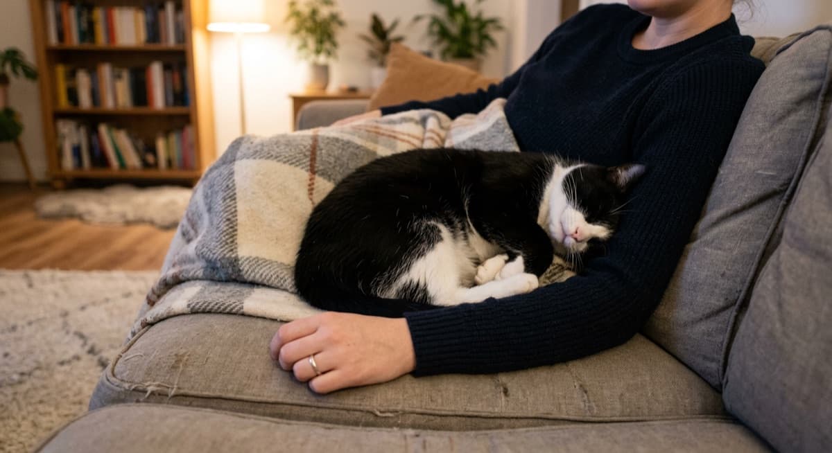 The same tuxedo Domestic Shorthair cat now relaxed and curled up asleep against its owner on a Calgary couch weeks later, showing the bond that formed after the rough start