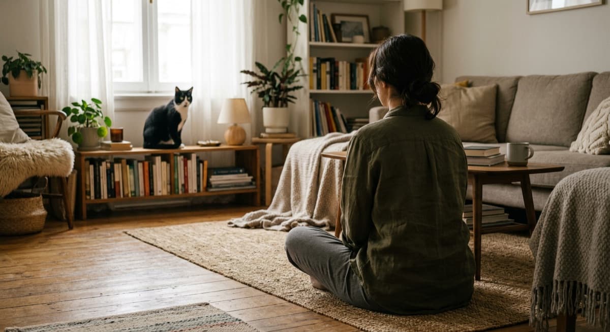 A new cat owner sitting quietly on the floor of a Calgary living room while a wary tuxedo Domestic Shorthair watches from a distance, both giving each other space