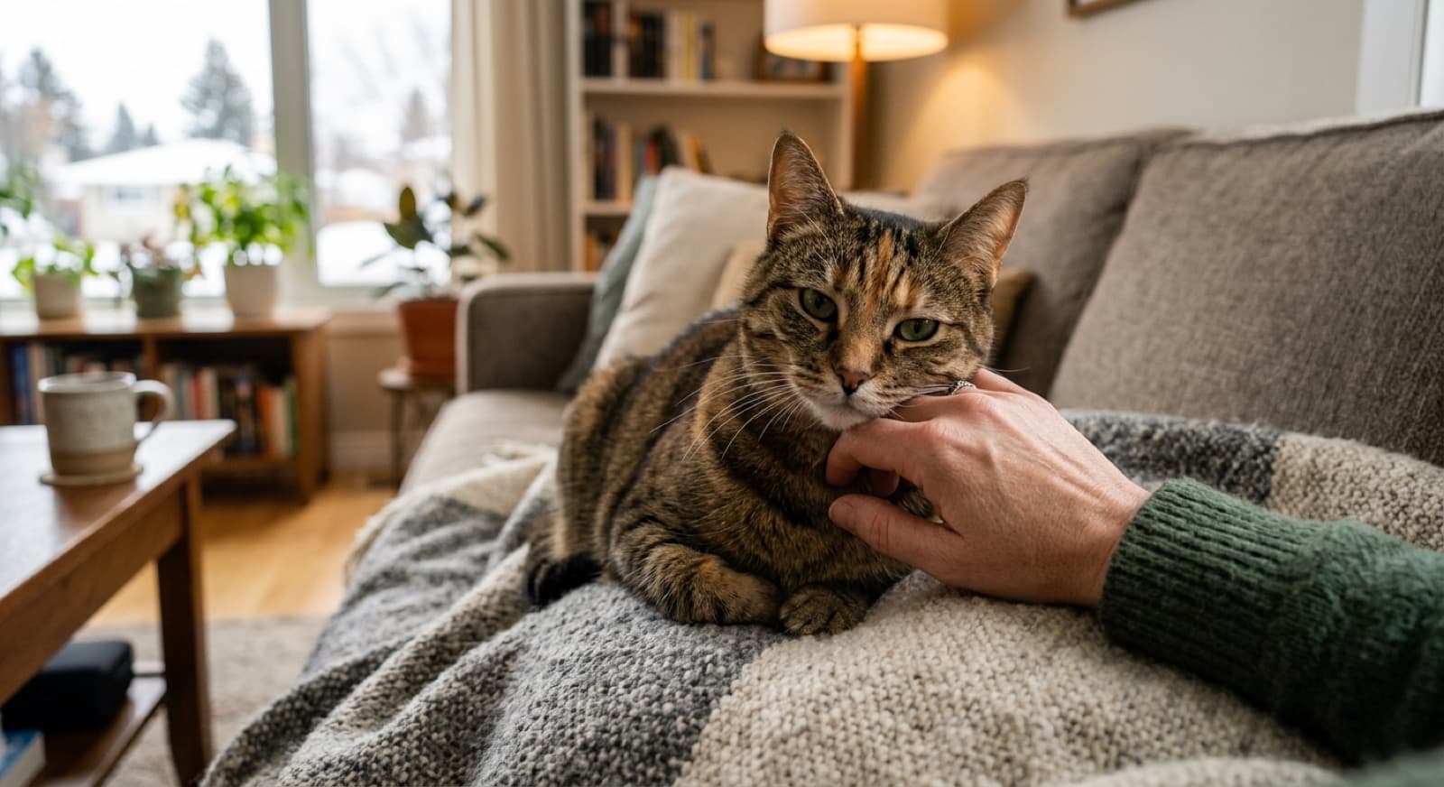 A new cat owner sitting quietly on the floor of an Edmonton living room while a wary tuxedo Domestic Shorthair watches from a distance, both giving each other space