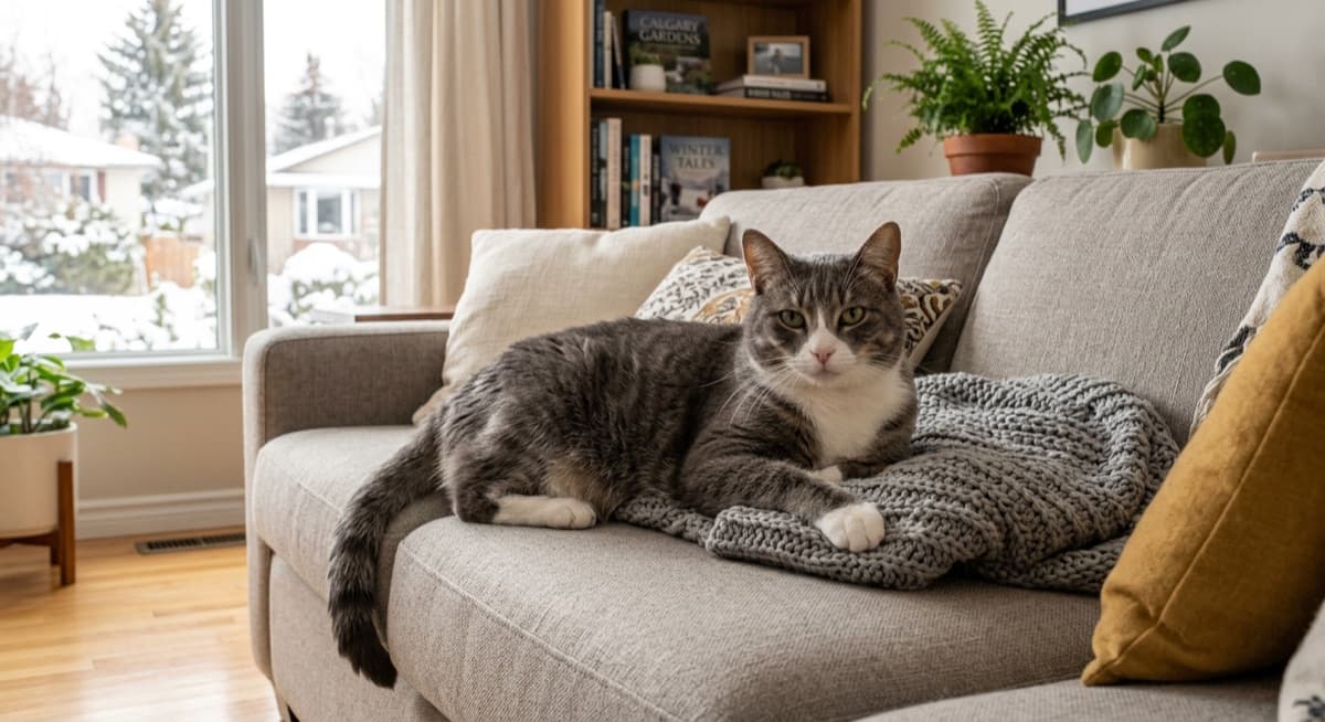 A grey-and-white Domestic Shorthair cat relaxed and confident in a foster home living room, the kind of settled adult cat a Calgary rescue can describe in detail
