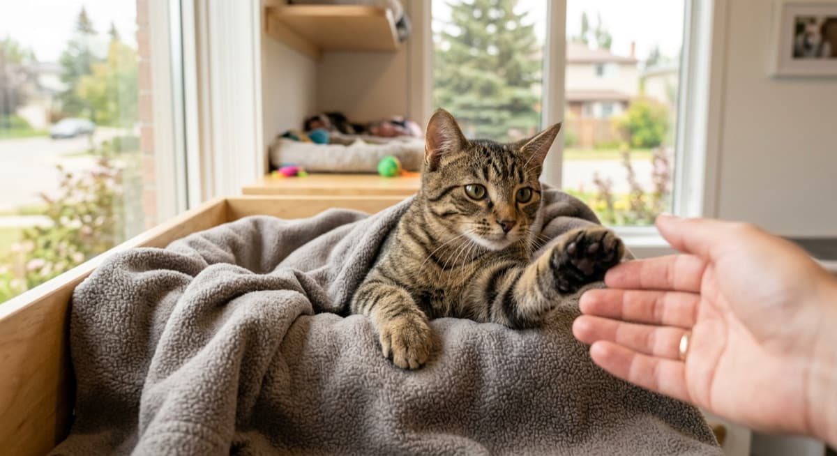An adopter meeting a young brown tabby Domestic Shorthair cat at a Calgary rescue adoption space, the cat reaching forward curiously from a cozy blanket