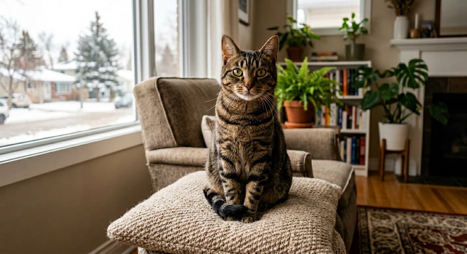 An adopter meeting a young brown tabby Domestic Shorthair cat at an Edmonton rescue adoption space, the cat reaching forward curiously from a cozy blanket