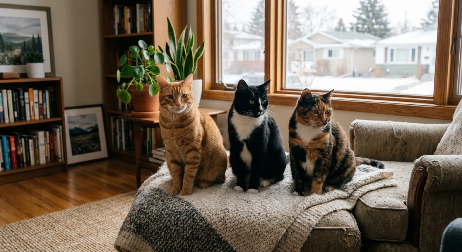A row of Domestic Shorthair cats in different colours and patterns side by side, a grey cat, a brown tabby, a black-and-white tuxedo, a calico and an orange cat, all sitting on a sunny Edmonton windowsill