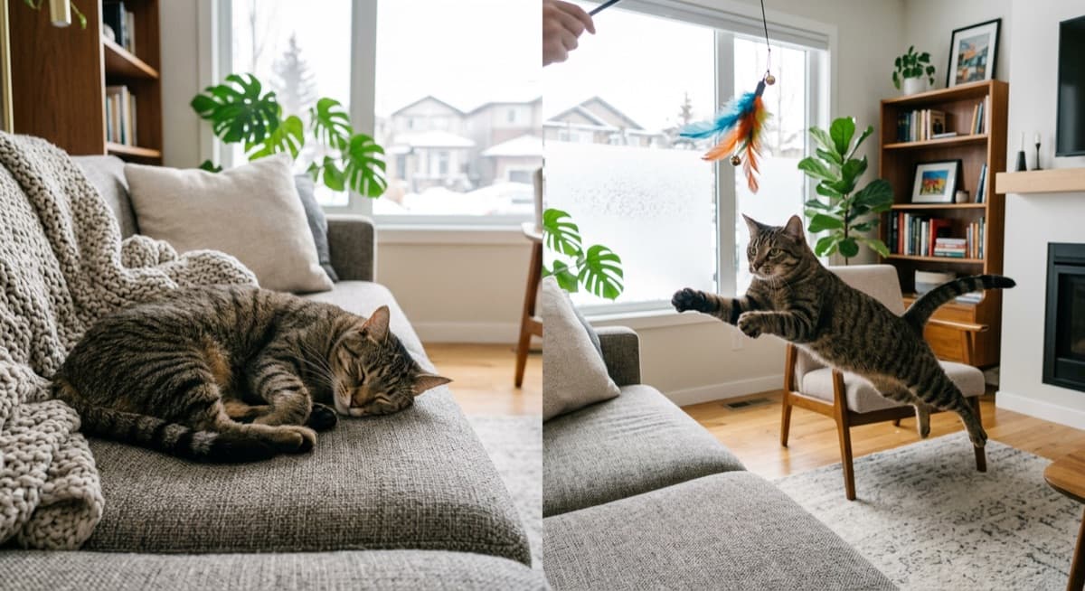 Two Domestic Shorthair cats showing opposite temperaments in a Calgary home, one curled calmly on a couch and one leaping at a toy, illustrating how widely DSH personalities vary