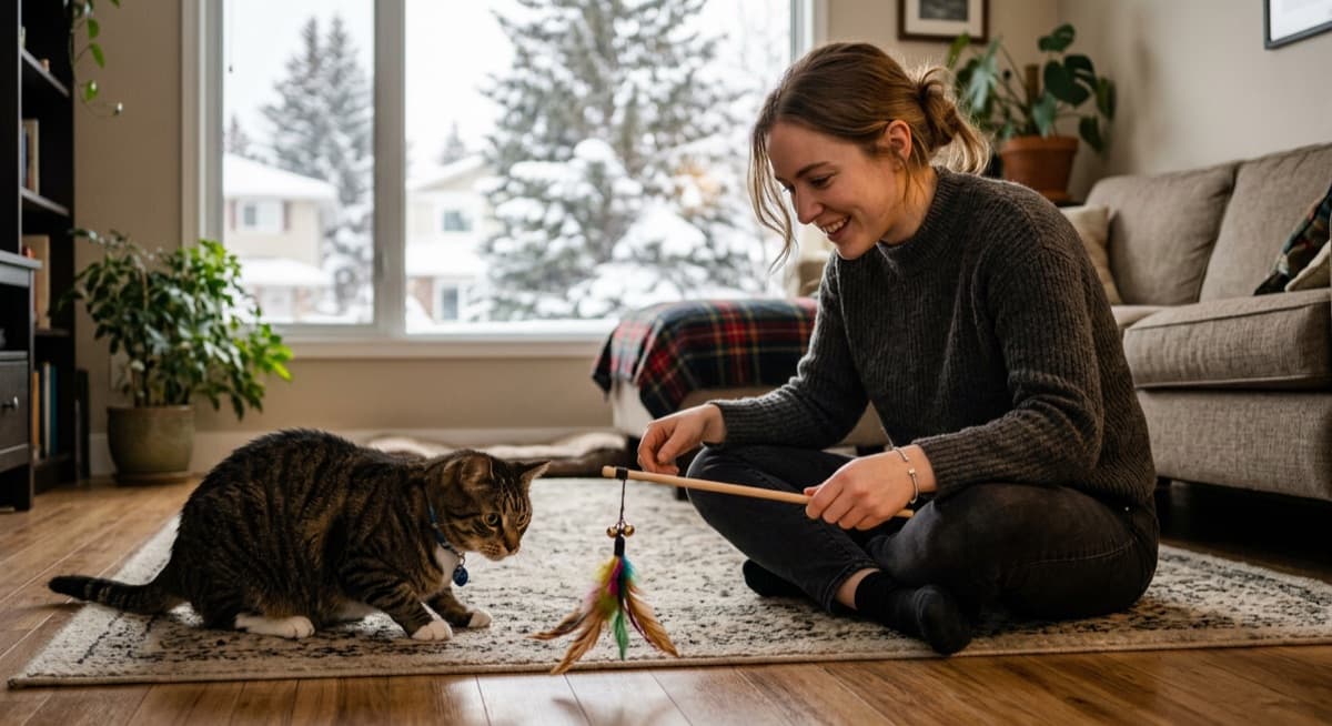 A person playing with a wand toy and an engaged tabby Domestic Shorthair cat in a Calgary living room during winter, showing how environment and interaction shape a cat’s behaviour