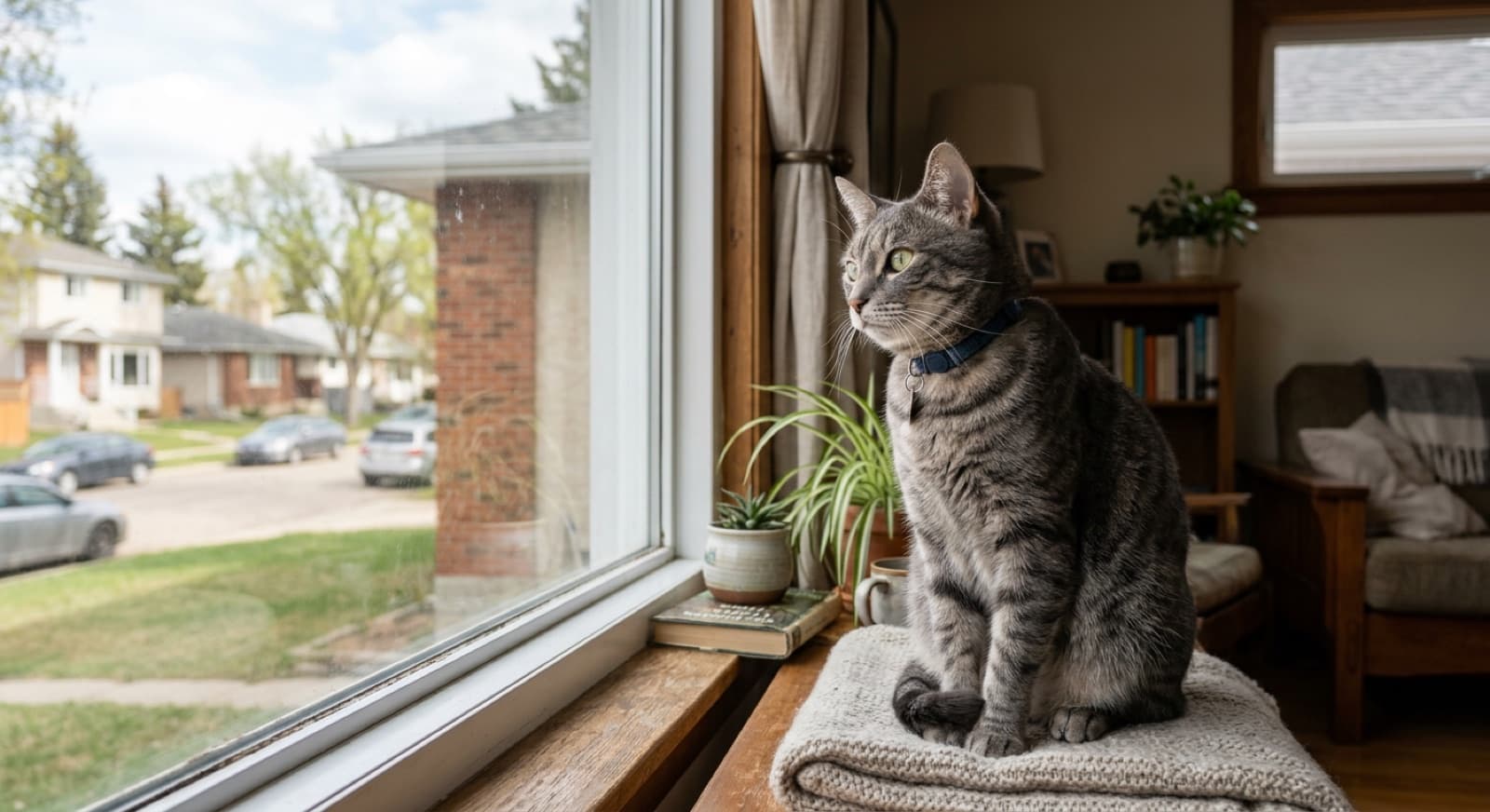 Two Domestic Shorthair cats showing opposite temperaments in an Edmonton home, one curled calmly on a couch and one leaping at a toy, illustrating how widely DSH personalities vary