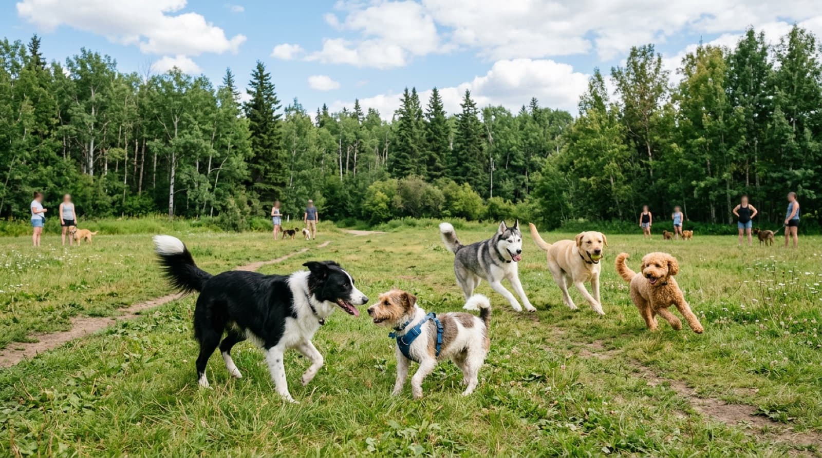 A group of 4-5 dogs of mixed breeds playing together on an open grass clearing at an Edmonton off-leash park on a mid-summer afternoon.