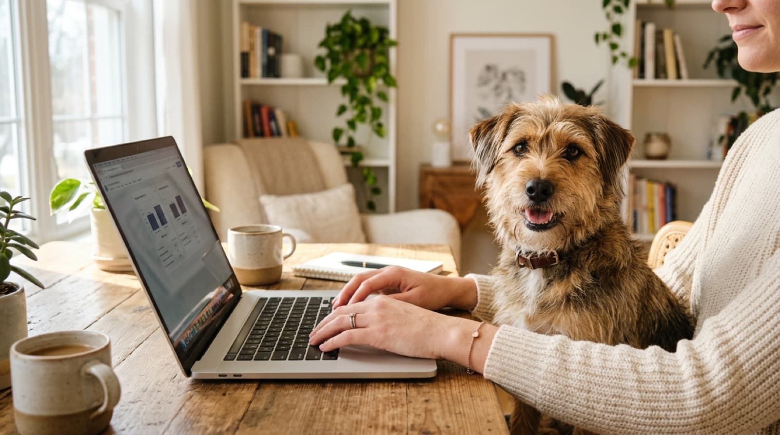 A mixed-breed dog beside a laptop as its owner compares dog DNA test options