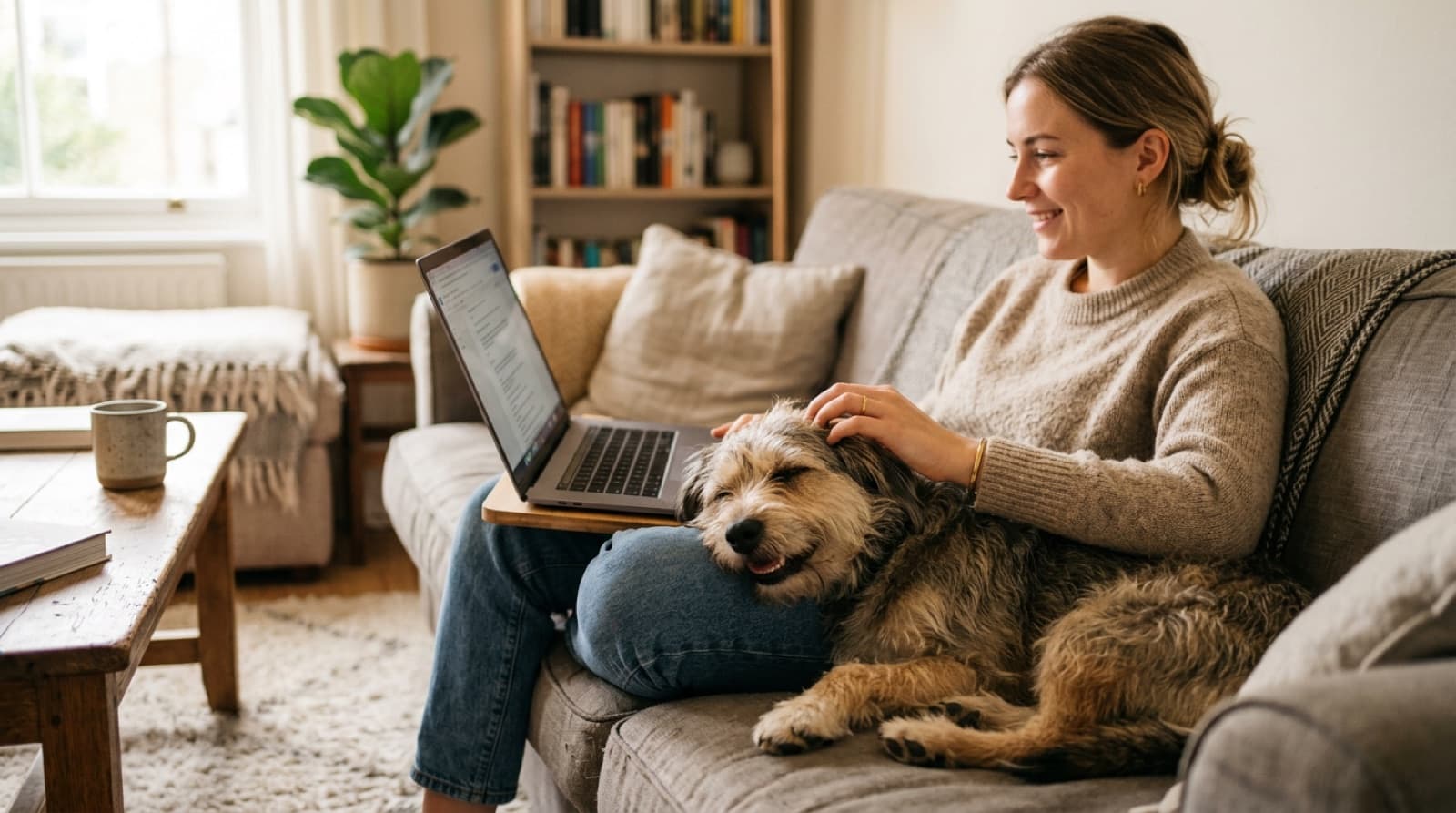 A happy mixed-breed dog on a couch beside an owner looking at a laptop