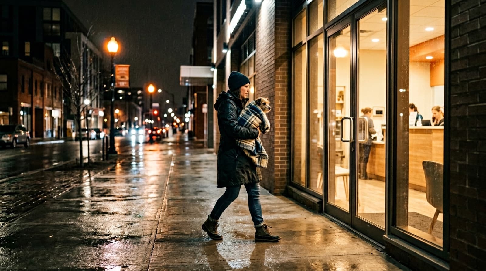 A pet owner carrying a dog into a brightly lit 24-hour emergency veterinary clinic at night in Hamilton, Ontario