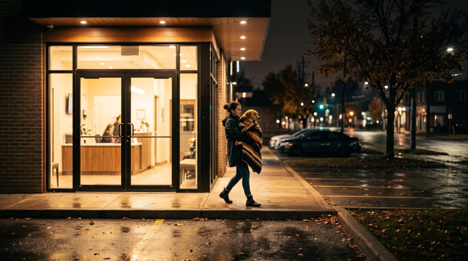 A pet owner carrying a dog into a brightly lit 24-hour emergency veterinary clinic at night in London, Ontario
