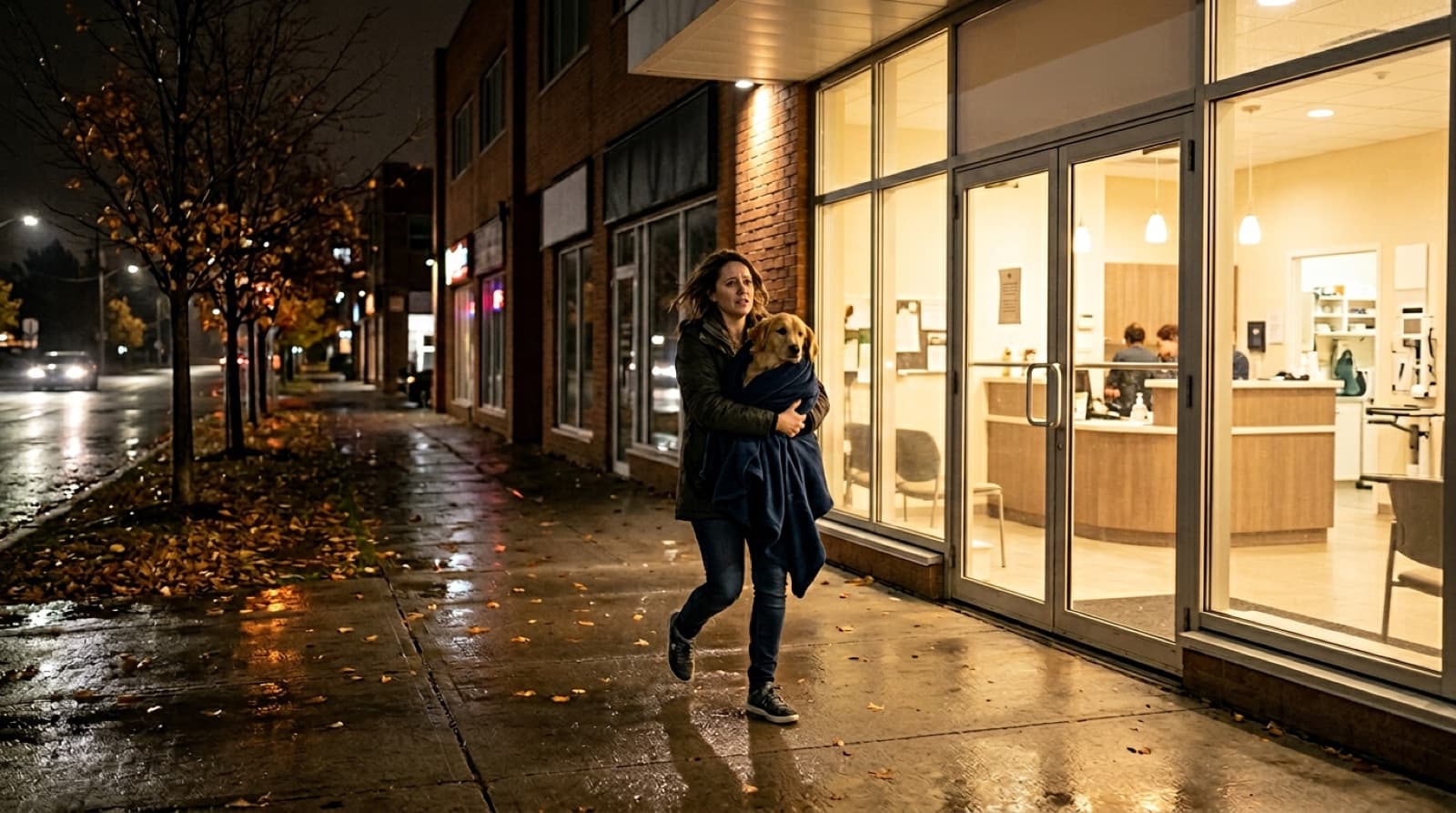 A pet owner carrying a dog into a brightly lit 24-hour emergency veterinary clinic at night in Mississauga, Ontario