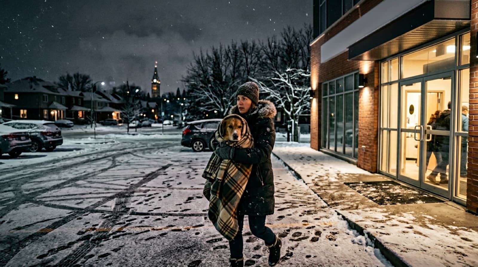 A pet owner carrying a dog into a brightly lit 24-hour emergency veterinary clinic at night in Ottawa, Ontario