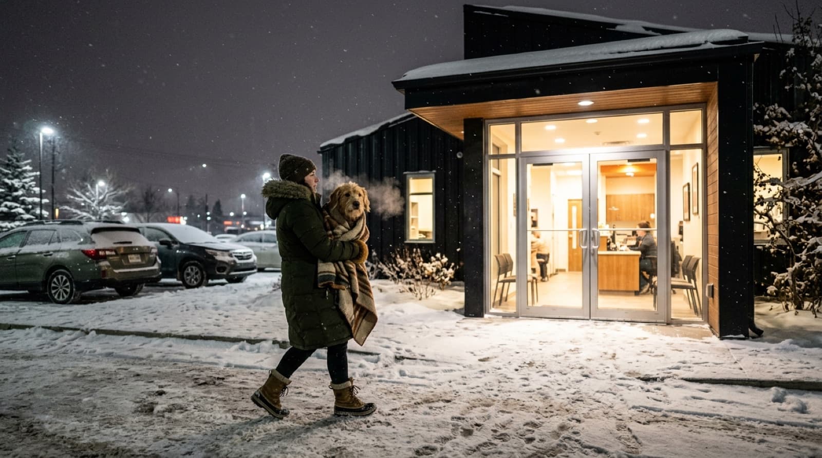 A pet owner carrying a dog into a brightly lit 24-hour emergency veterinary clinic at night in Winnipeg, Manitoba