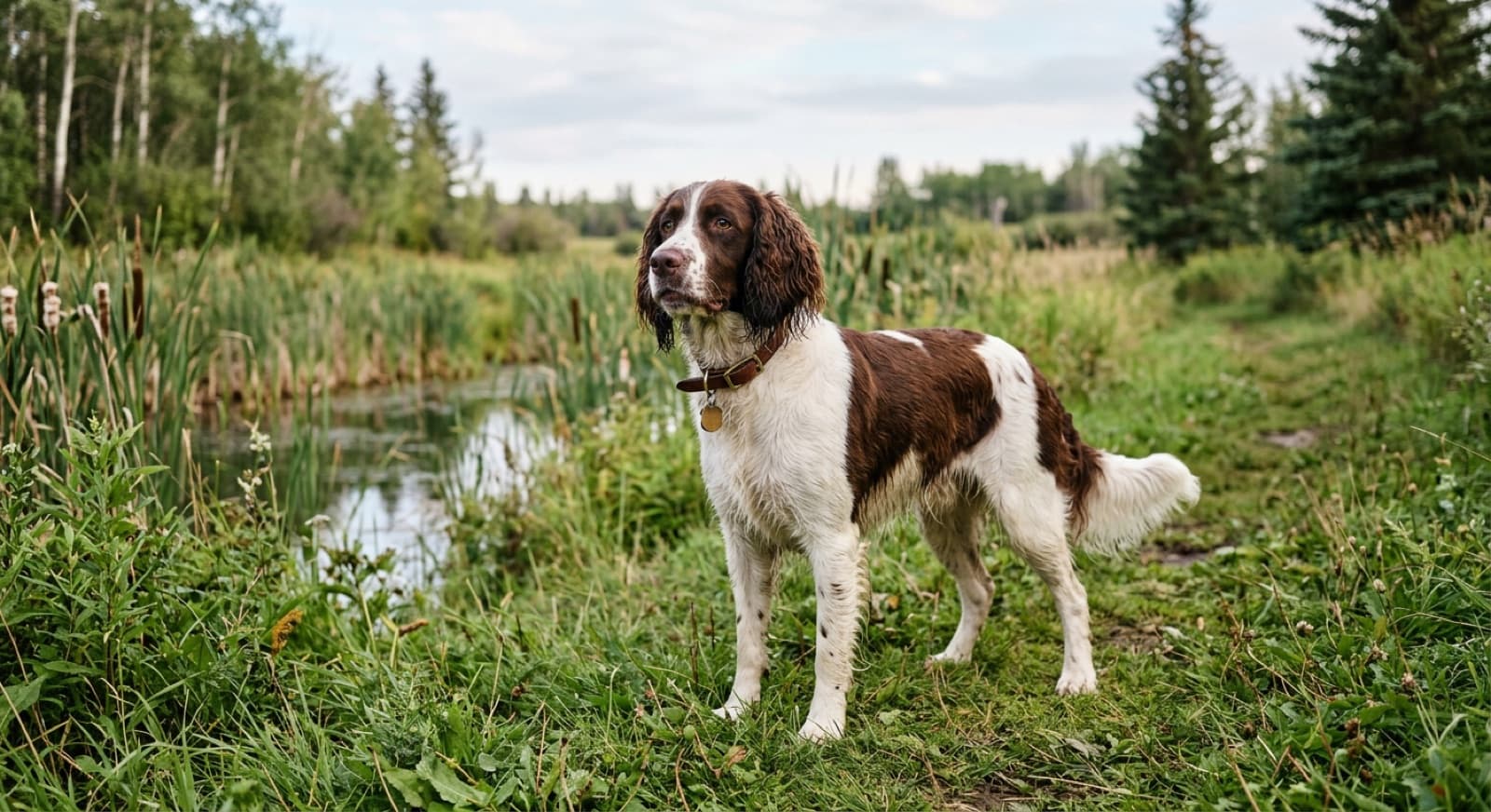 An adult English Springer Spaniel with classic liver-and-white coat and feathered ears standing alert on green parkland in an Edmonton outdoor setting