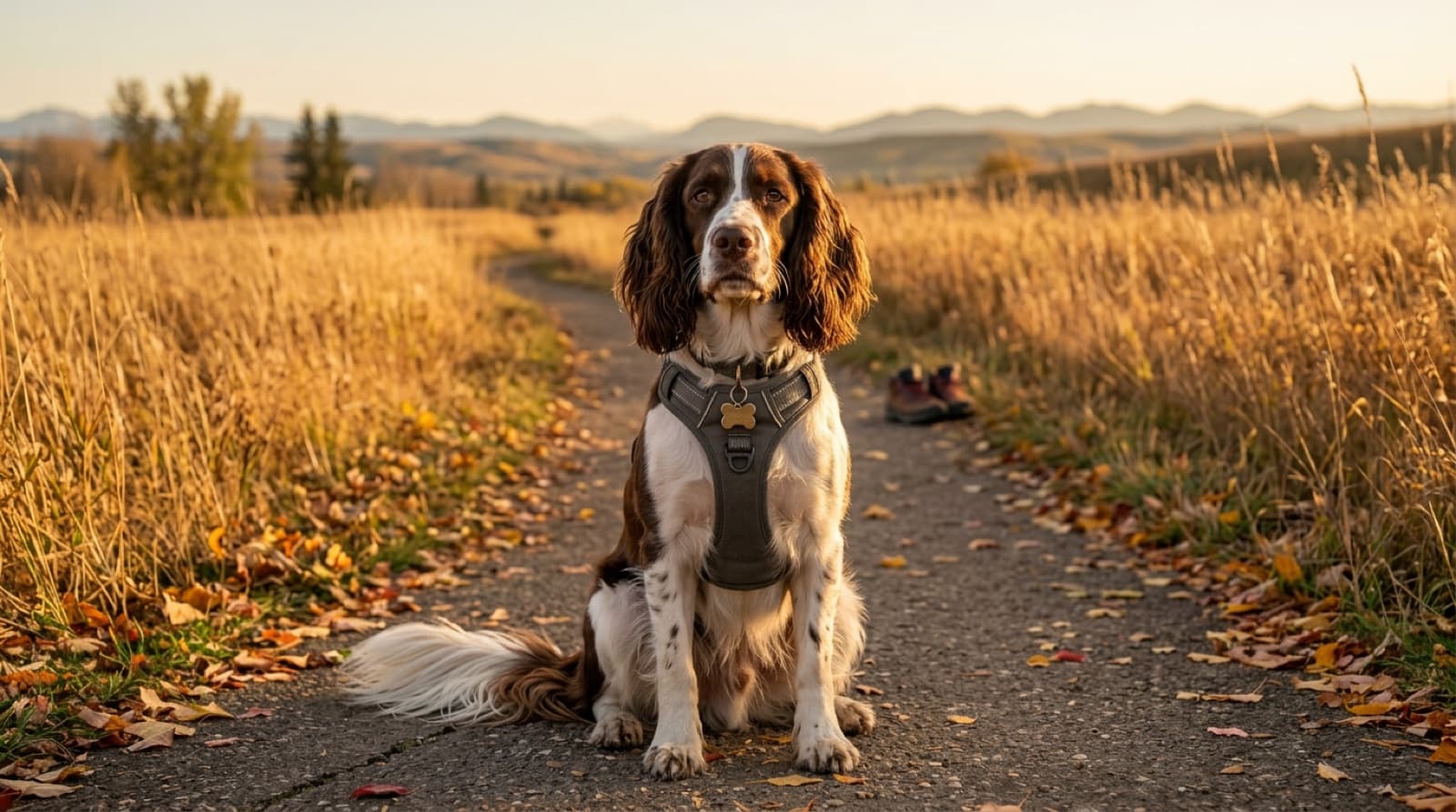 A liver-and-white English Springer Spaniel with feathered coat running through a Calgary prairie meadow at sunrise, foothills visible in the distance