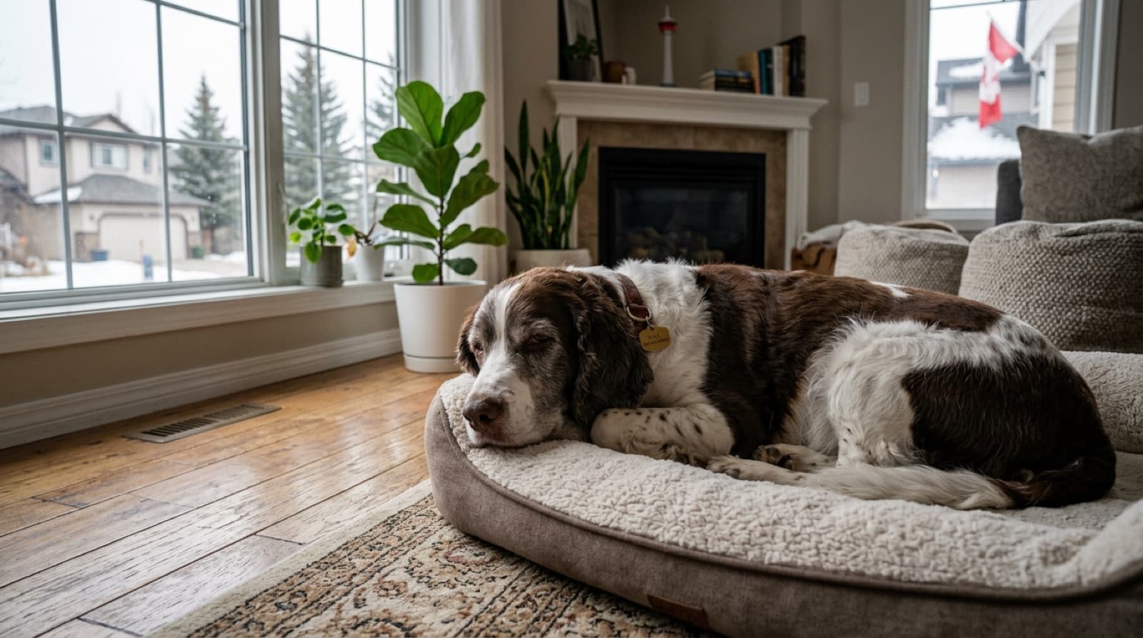 A healthy adult English Springer Spaniel being examined during a routine wellness visit at a Calgary veterinary clinic