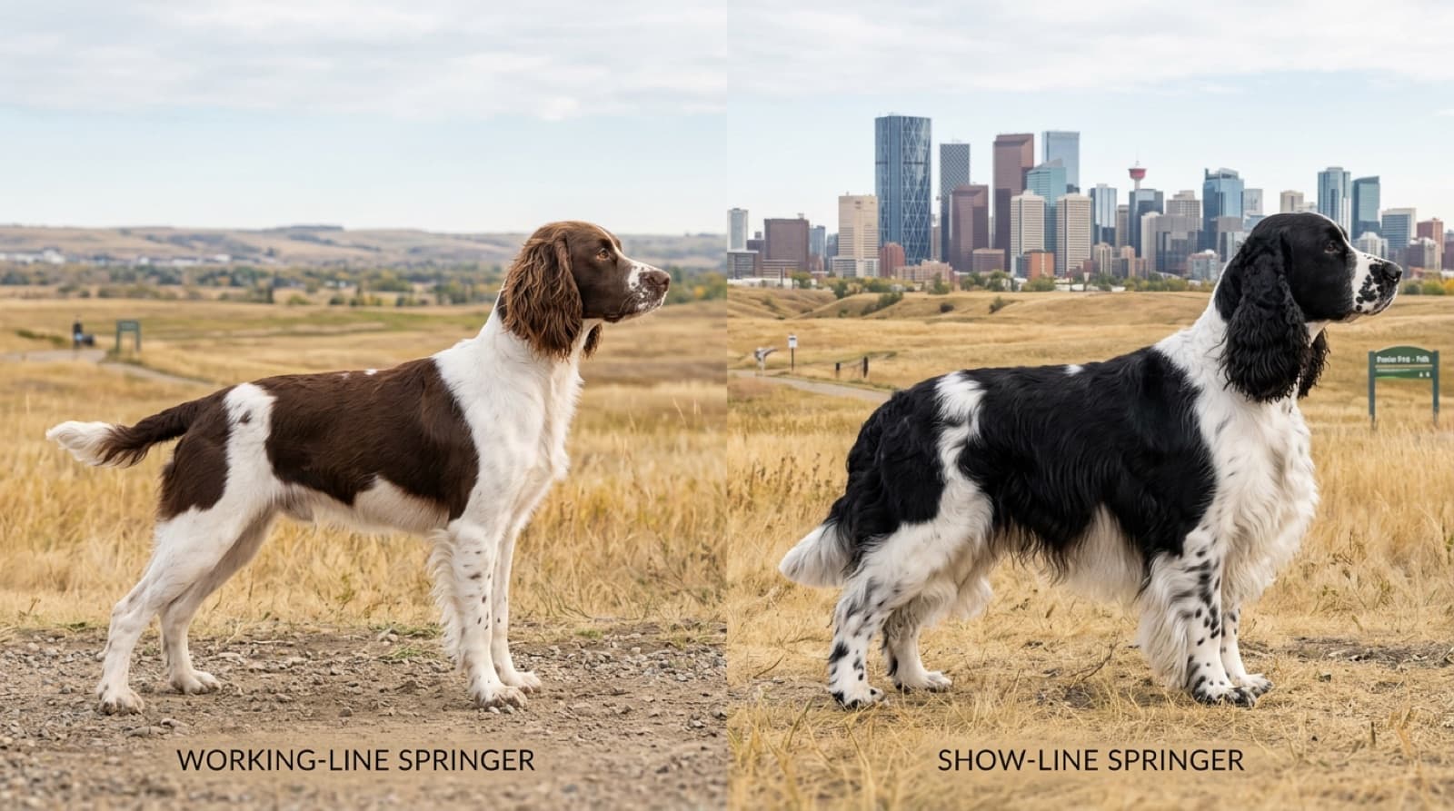 Two English Springer Spaniels side by side at a Calgary off-leash park: a leaner working-line dog with shorter ears on the left, and a heavier-boned show-line dog with fuller feathering and longer ears on the right, illustrating the visual split between the two breed lines