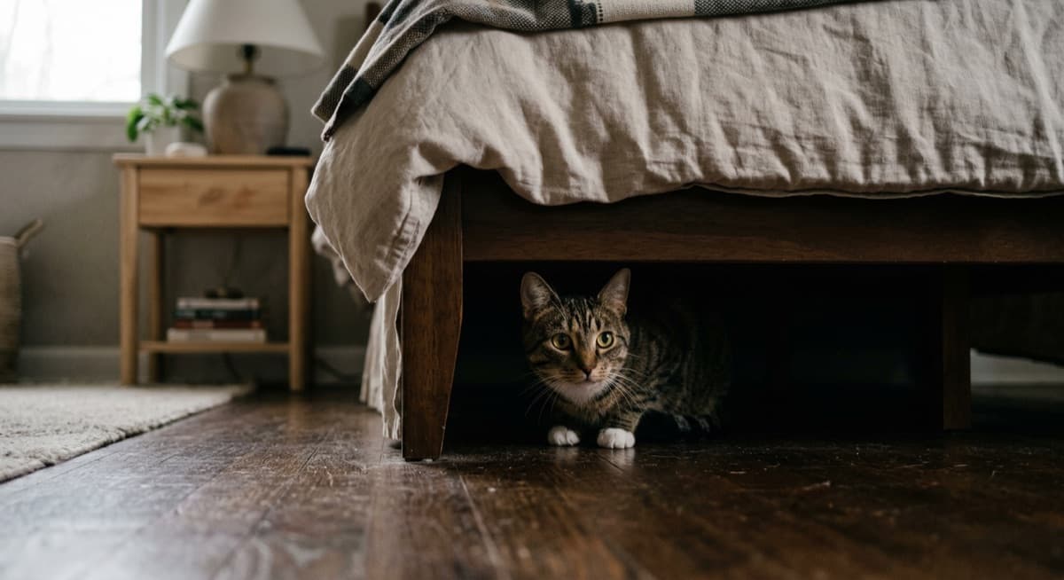 A cautious brown tabby Domestic Shorthair cat peeking out from under a bed in a quiet Calgary home during its first days after adoption