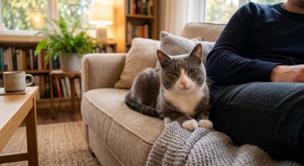 A grey-and-white Domestic Shorthair cat slow-blinking and relaxed beside its owner on a couch in a Calgary living room, showing early signs of trust