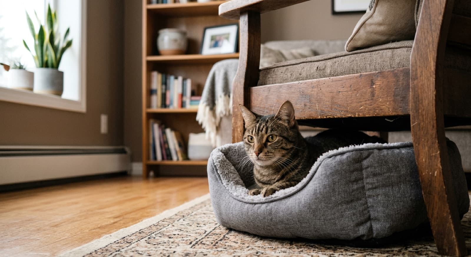 A cautious brown tabby Domestic Shorthair cat peeking out from under a bed in a quiet Edmonton home during its first days after adoption