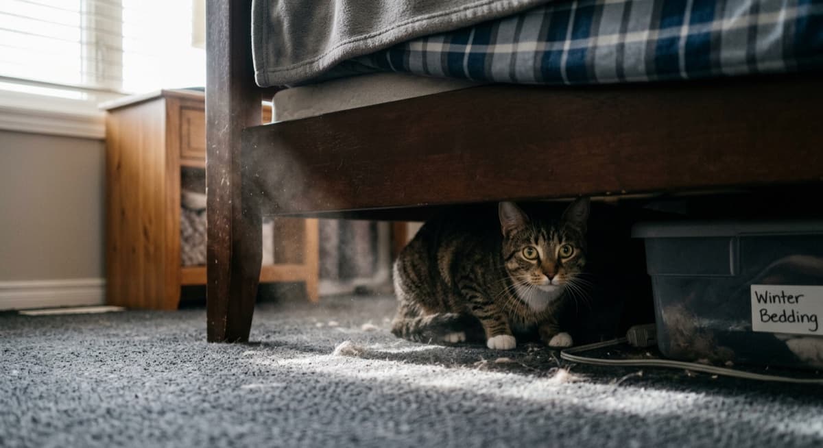 Newly-adopted rescue cat hiding under a bed in a Calgary home during the first decompression days, soft light, captures the 3-3-3 reality