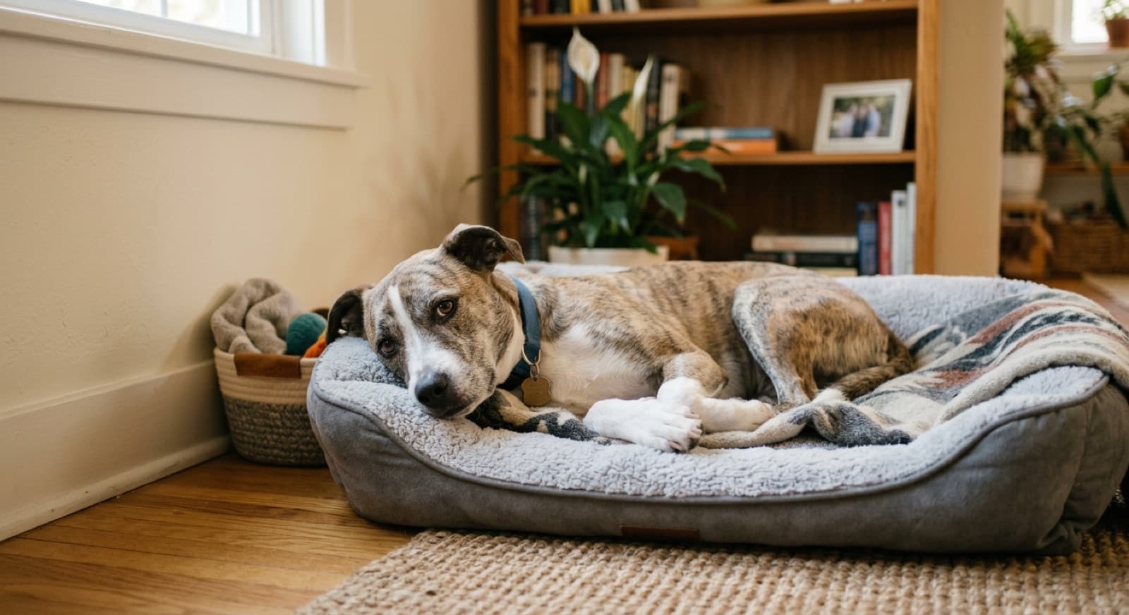A newly adopted rescue dog resting calmly in a quiet decompression space in an Ottawa home