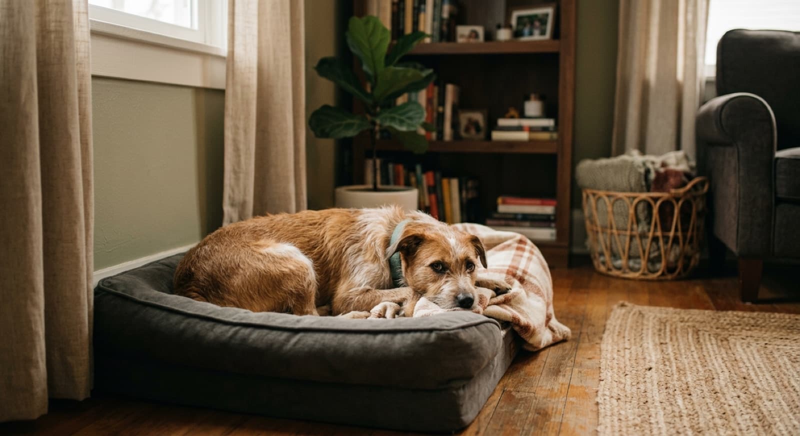 A newly adopted rescue dog settling calmly into a quiet decompression space in a Toronto home
