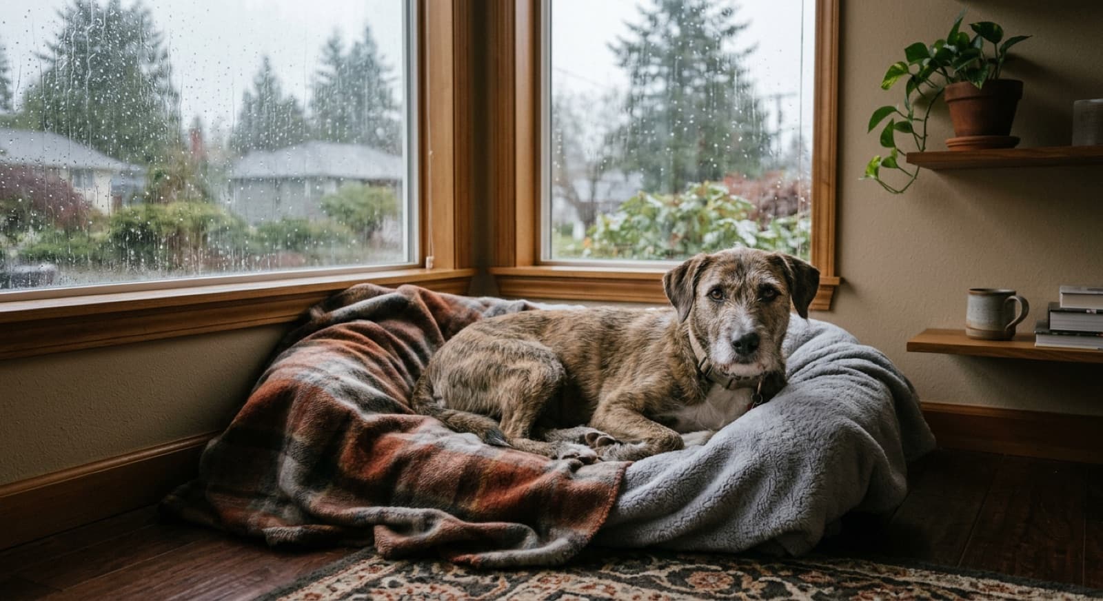A newly adopted rescue dog resting calmly in a quiet decompression space at home in Vancouver