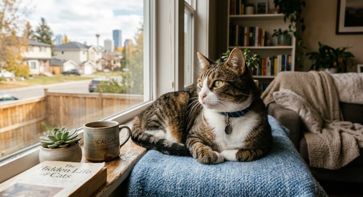 Healthy adult FIV-positive Calgary rescue cat lounging on a windowsill in a sunlit indoor home, captures the normal indoor life of FIV+ cats