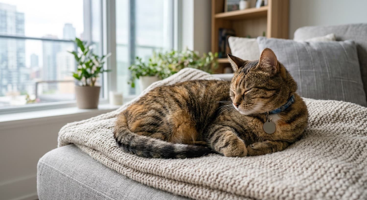 A healthy, content indoor cat resting in a bright Toronto home