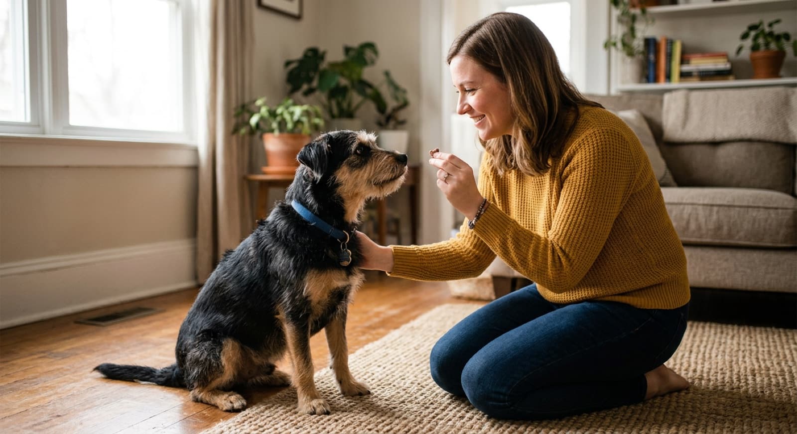 A person rewarding a newly adopted dog during a calm, positive training session at home