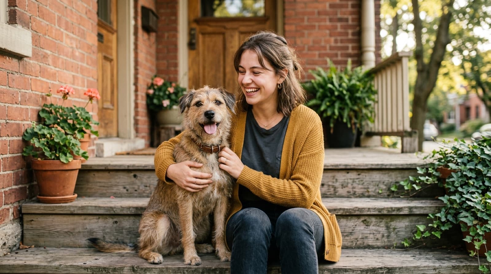 A happy rescue dog with its new owner outside a Toronto shelter