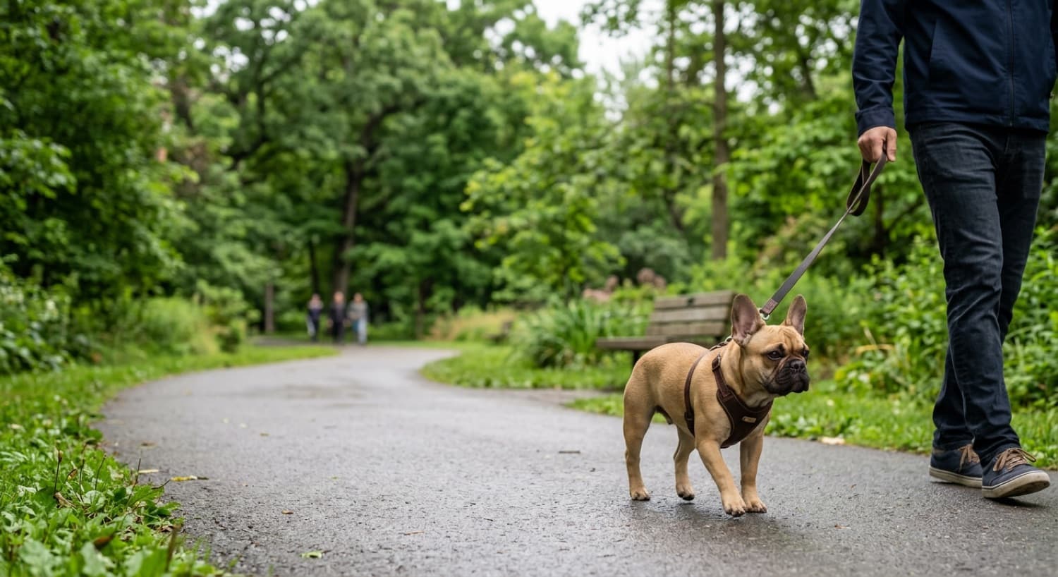 A French Bulldog on a short walk in a Toronto park on a mild day