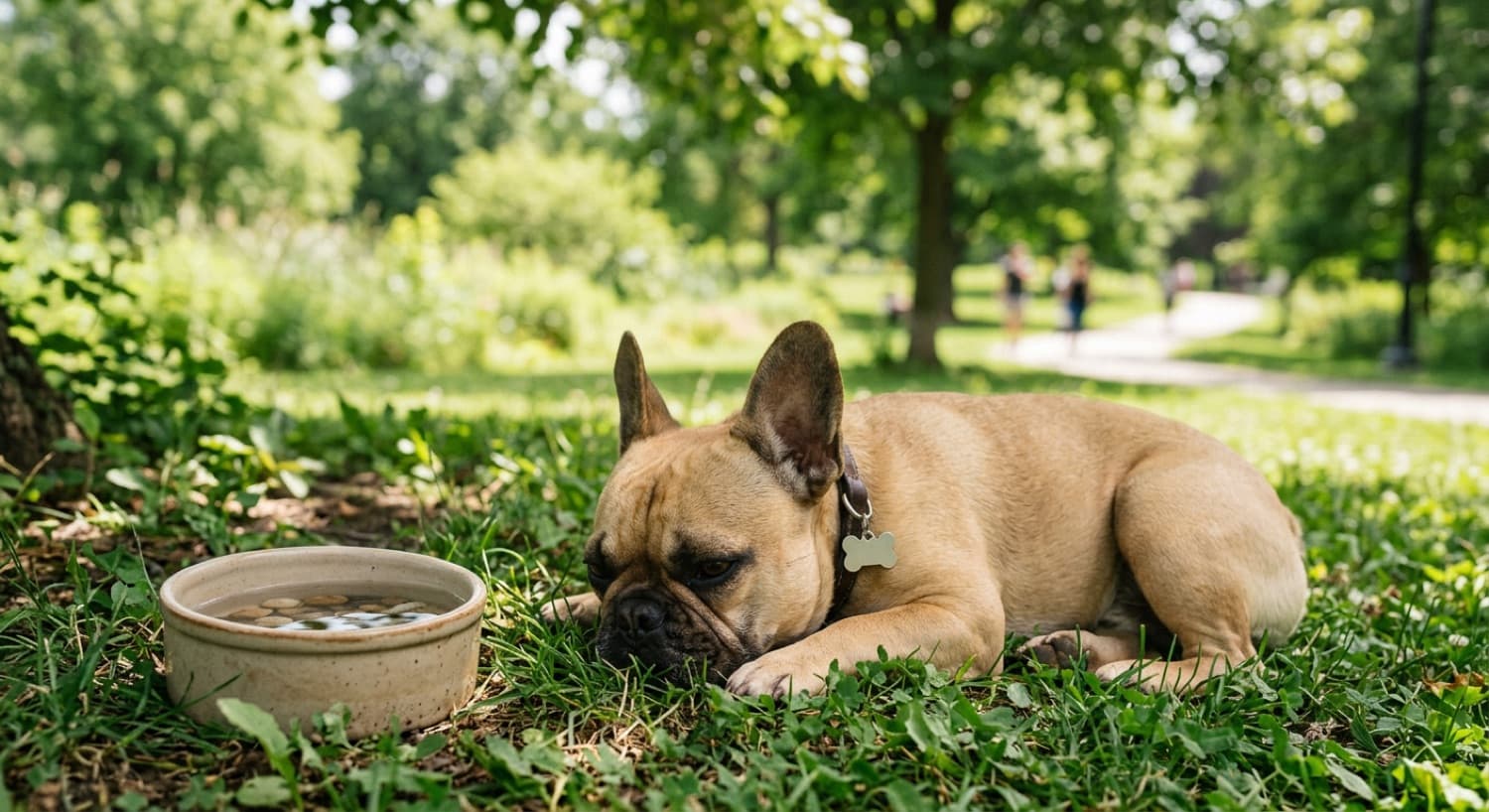 A French Bulldog resting in shade with a bowl of water on a warm day in a Toronto park