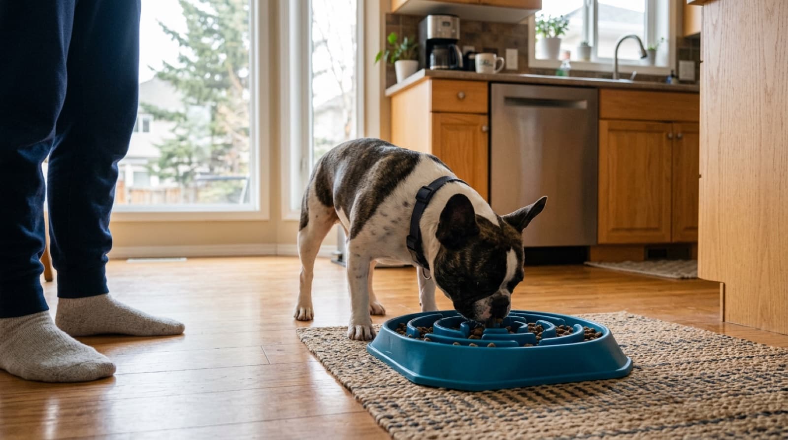 A French Bulldog eating from a slow-feeder bowl in a Calgary kitchen, showing brachycephalic-friendly feeding setup