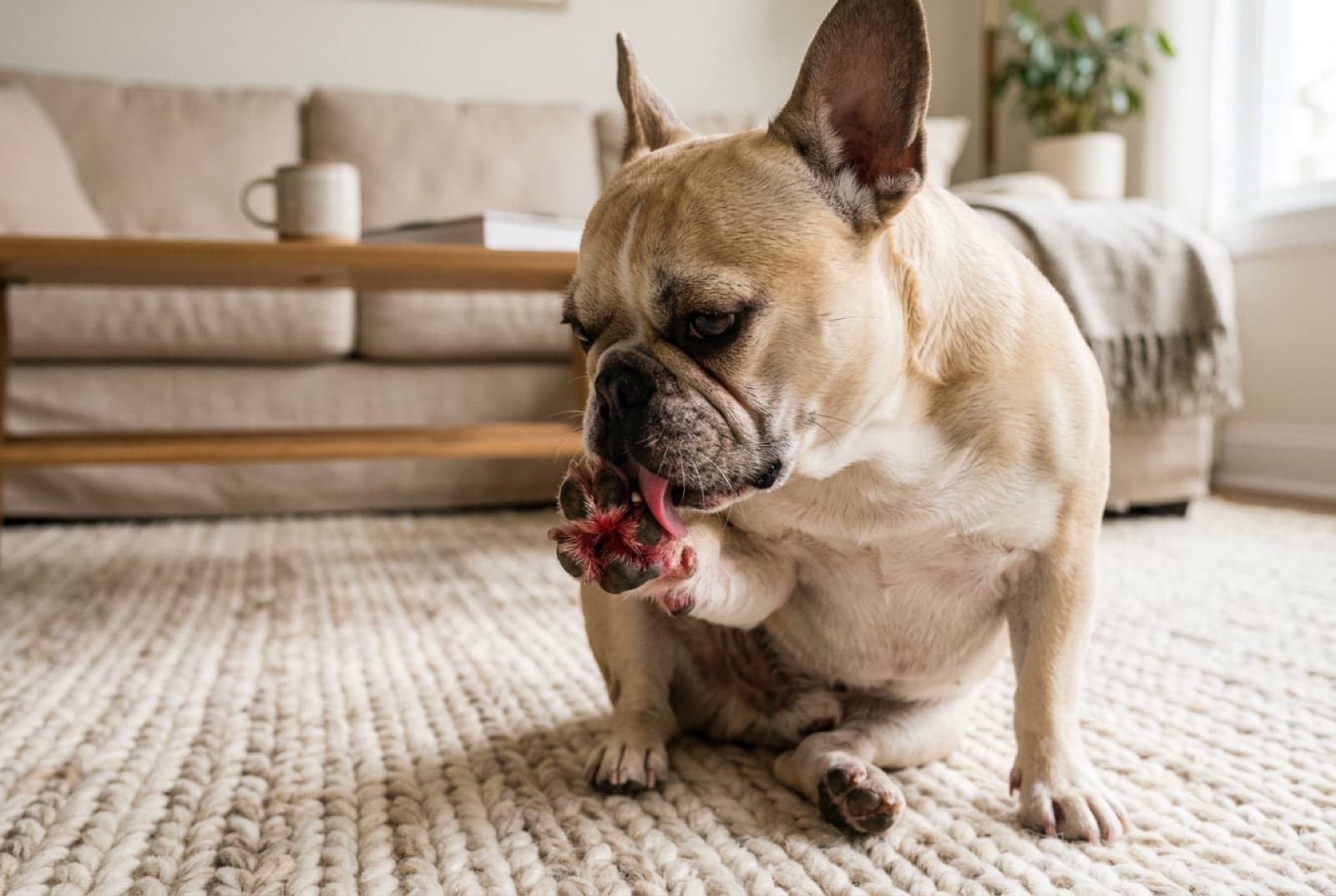 A French Bulldog licking an irritated paw, showing the classic allergy presentation of interdigital irritation