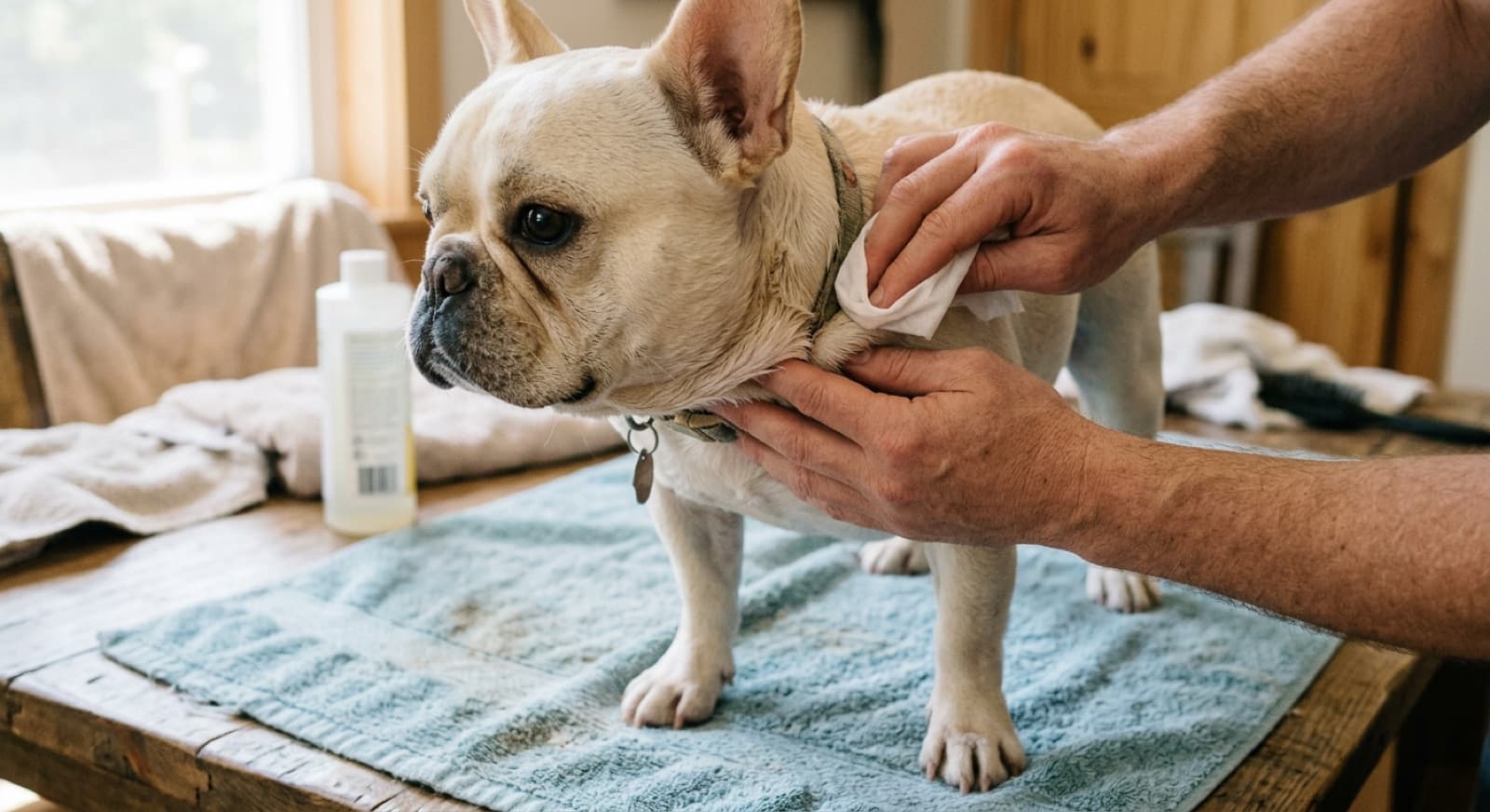 An adult French Bulldog having its facial wrinkles wiped clean in a Calgary home, showing the daily fold-care routine