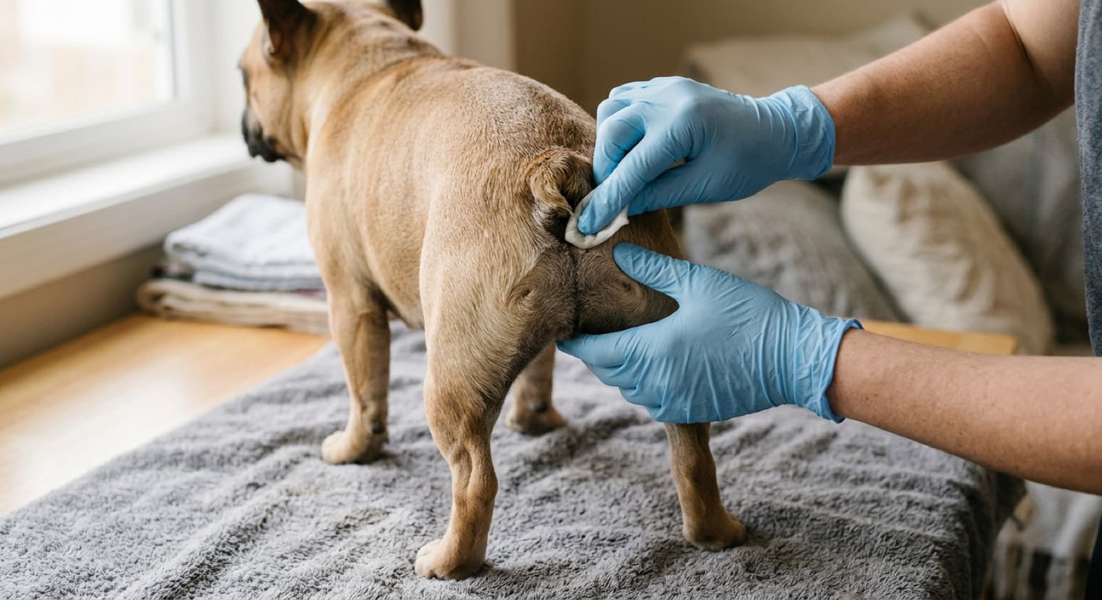 A French Bulldog being checked at the base of its tail during a tail-pocket cleaning at home in Calgary