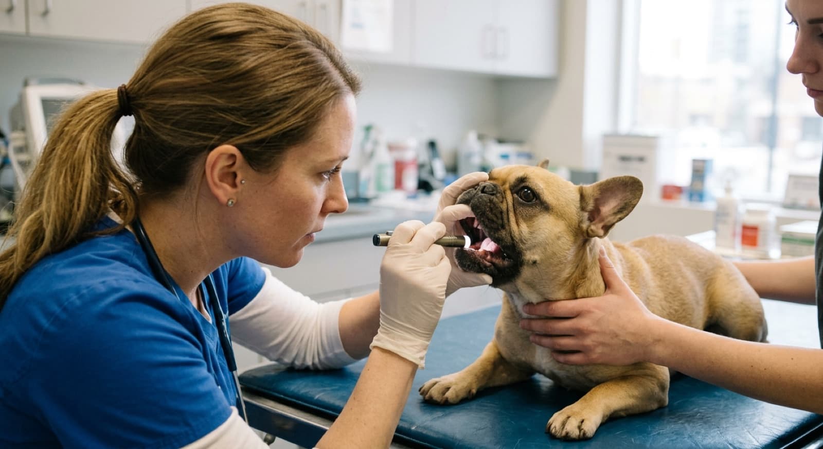 Calgary French Bulldog on a vet exam table getting a BOAS airway and breathing assessment