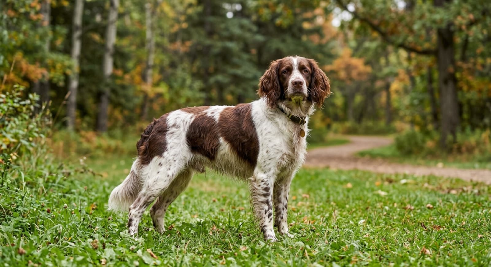 An adult French Spaniel with classic brown-and-white feathered coat standing alert in a Quebec or Edmonton parkland setting, gentle sporting-dog expression