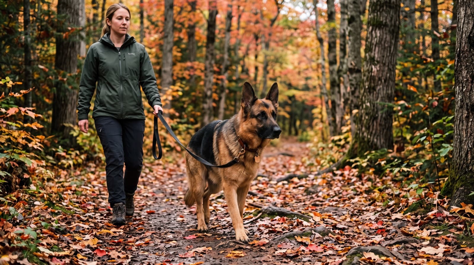 An alert black-and-tan German Shepherd on lead on a Fredericton riverfront trail beside the Saint John River, representing the working temperament of the breed in New Brunswick rescue